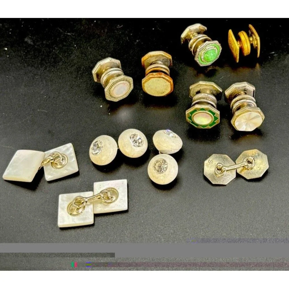 Antique Mixed Lot of Men’s Mother of Pearl & RS Cuff Links-Collar Studs-Buttons